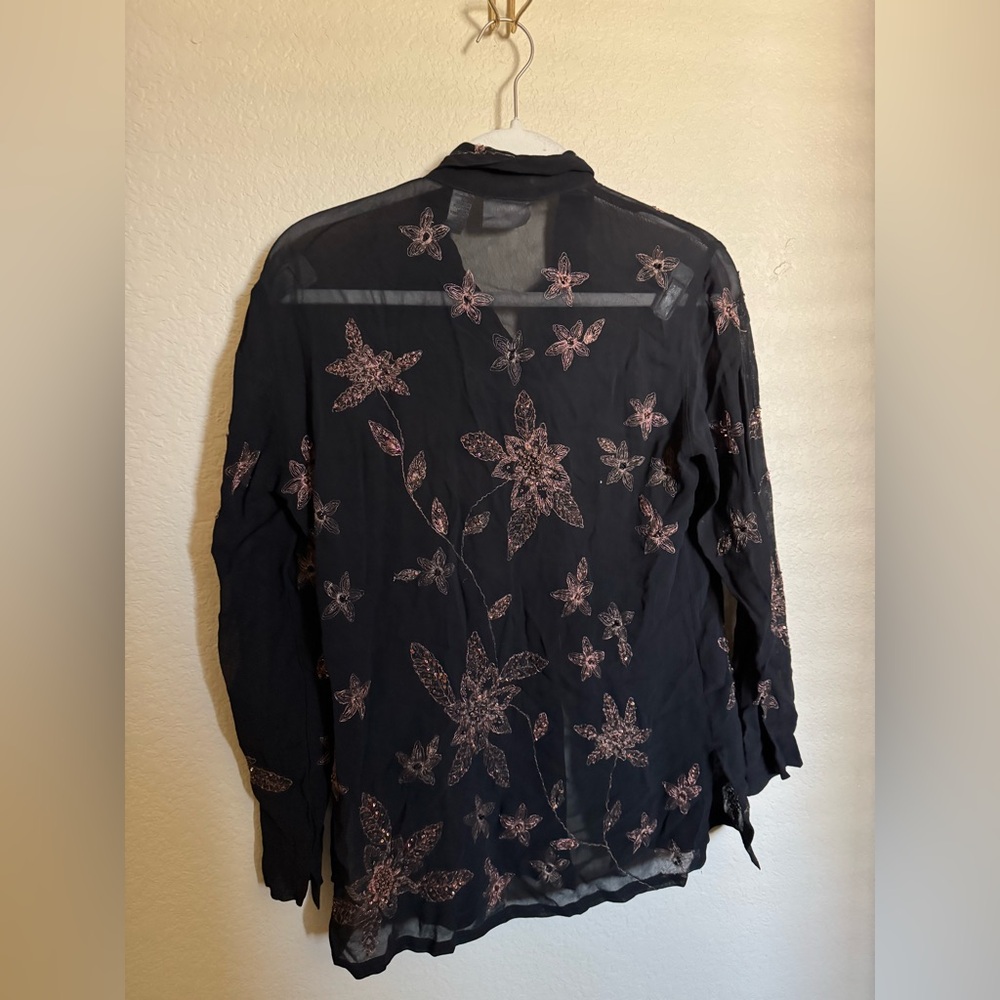 Vintage‎ Chicos Floral Metallic Embroidered Sheer Button Down Shirt Long Sleeve - Picture 5 of 5